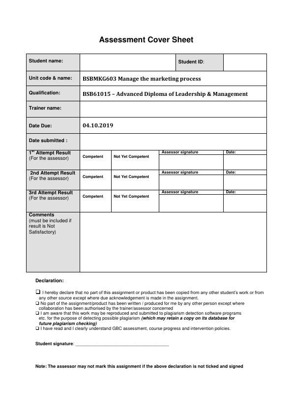 BSBMKG603 Manage the Marketing Process Assessment Cover Sheet and Activities_1