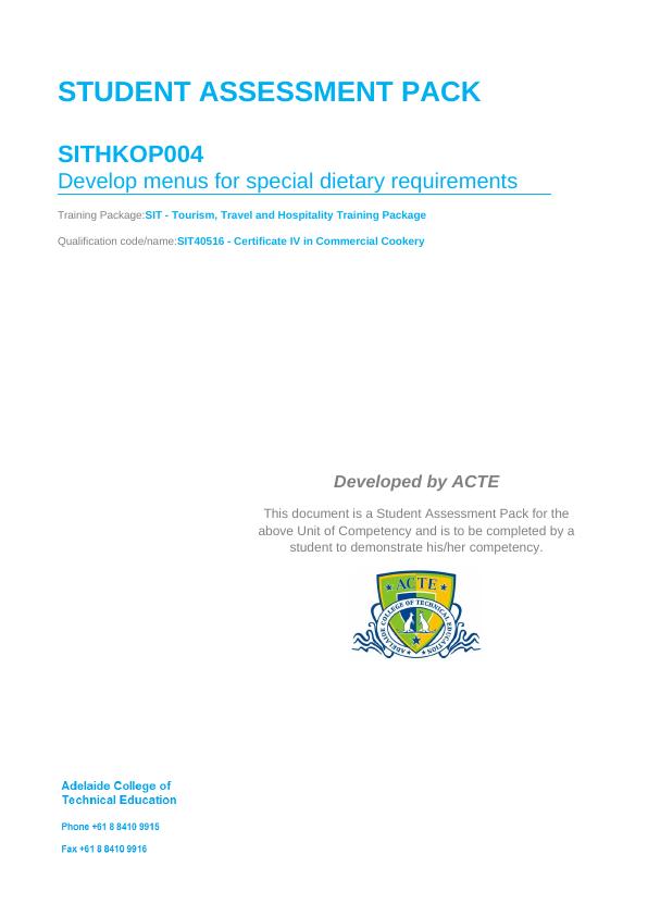 SITHKOP004 Develop Menus for Special Dietary Requirements - Student Assessment Pack_1