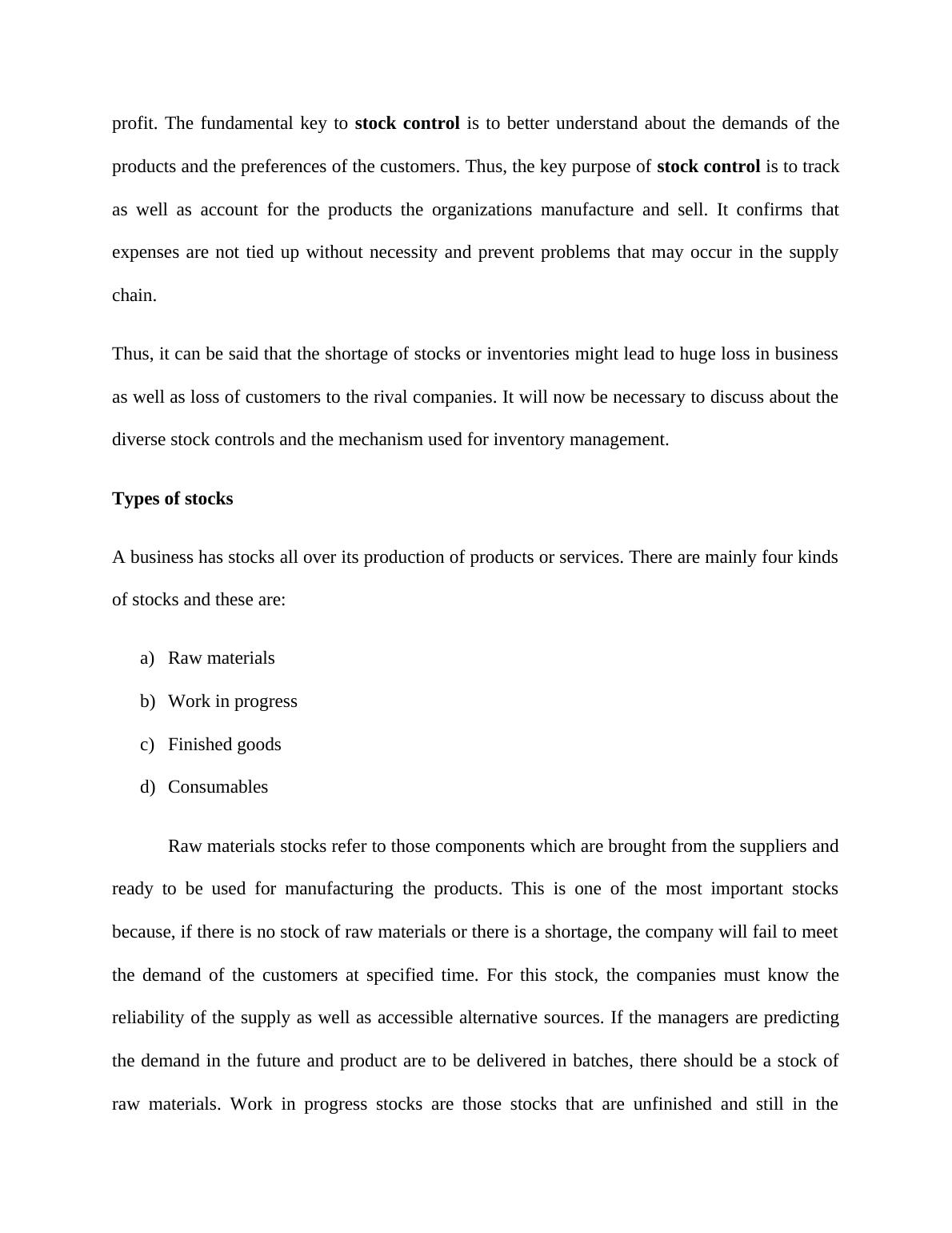 Purpose Of Stock Control Assignment