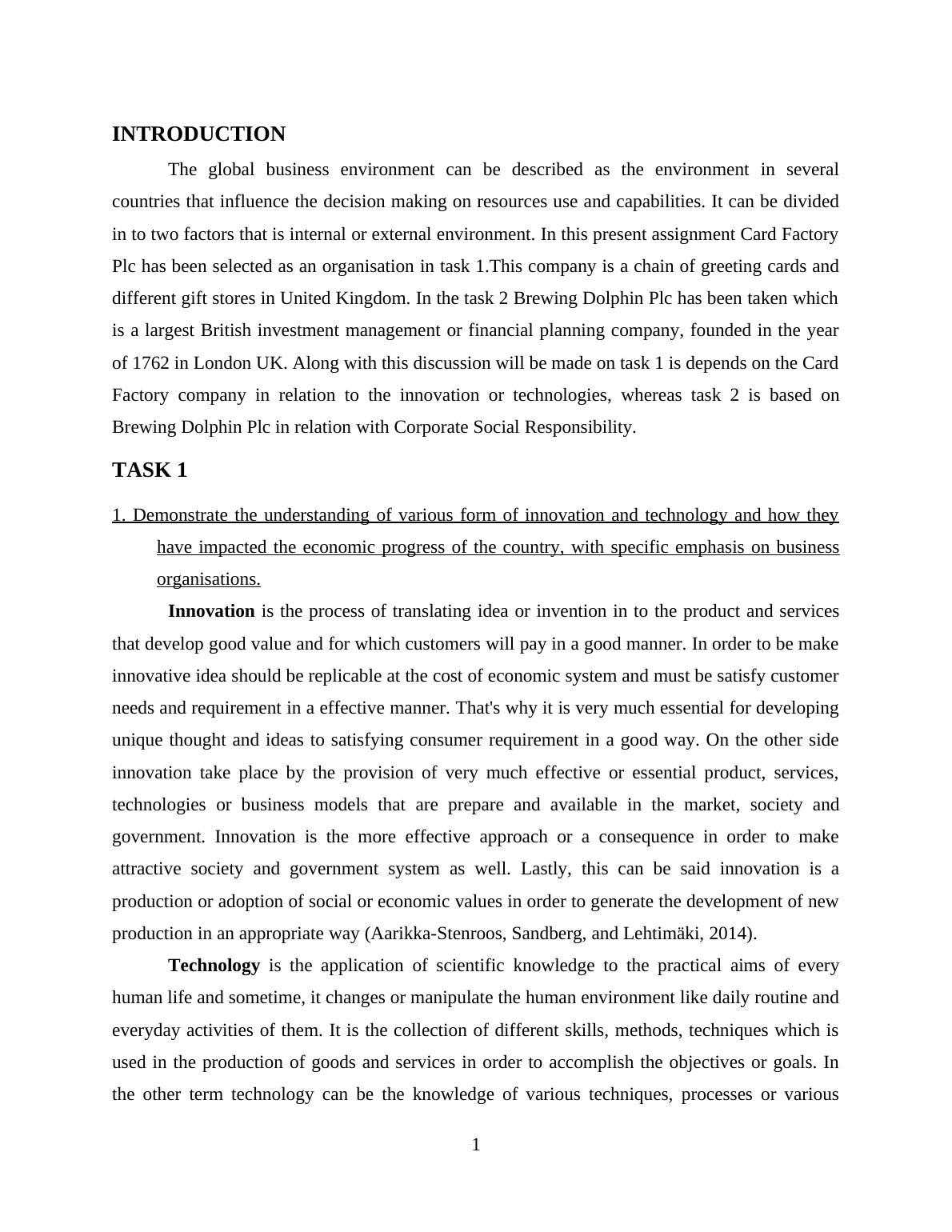 The Global Business Environment InTRODUCTION 1 TASK 11 1. Innovation and Technology in Business Organisations_4