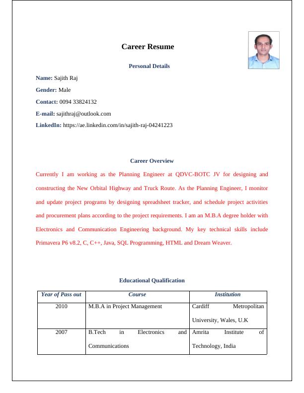 Career Resume Sample : Planning Engineer_1