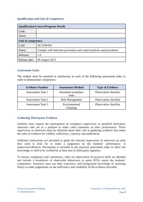 Assessor Pack: Practical Assessment for HLTINF001_4