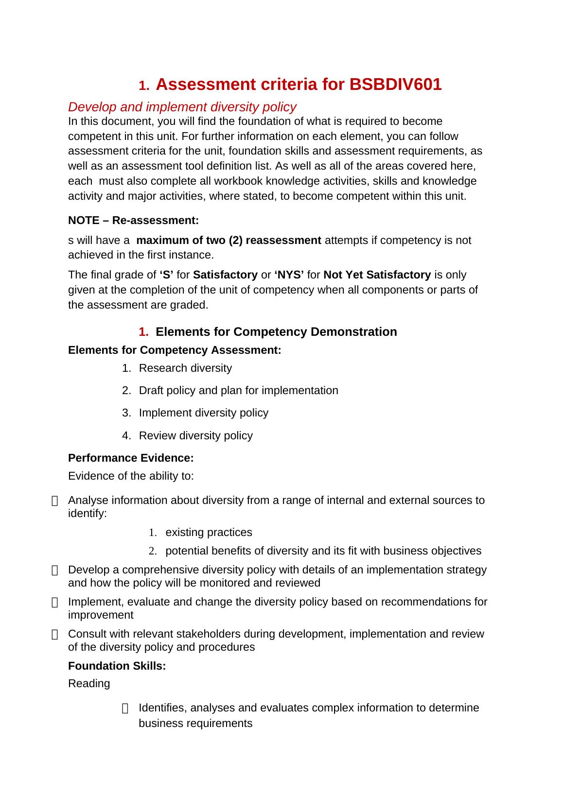 Assessment criteria for BSBDIV601 Develop and implement diversity policy_1