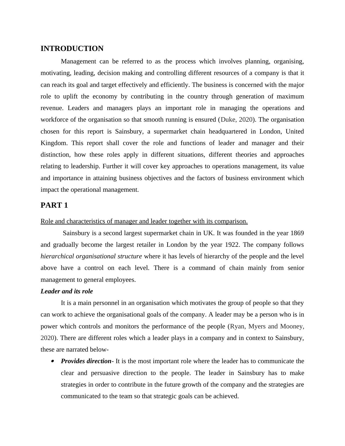 Role and Characteristics of Manager and Leader in Sainsbury