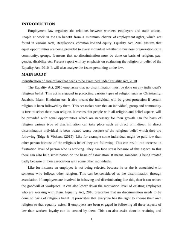 Discrimination on Basis of Religion and Belief under Equality Act, 2010