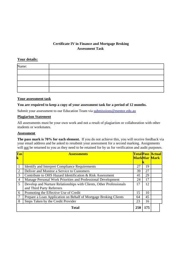 FNS40811 Certificate IV in Finance and Mortgage Broking Assignment_1