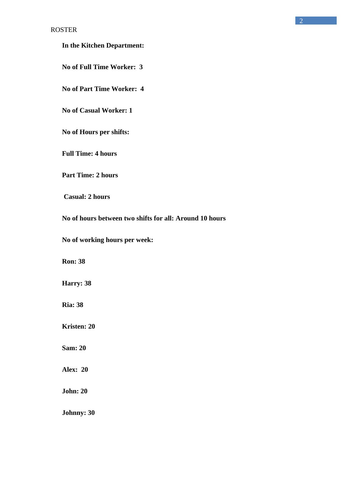 Roster for Kitchen, Office, and Bar Departments