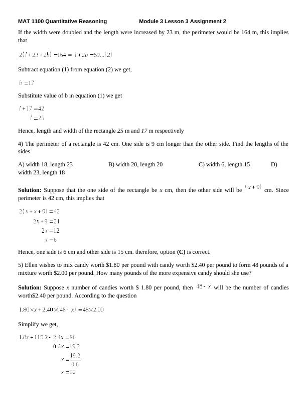 Mat 1100 Quantitative Reasoning Module 3 Lesson 3 Assignment 2