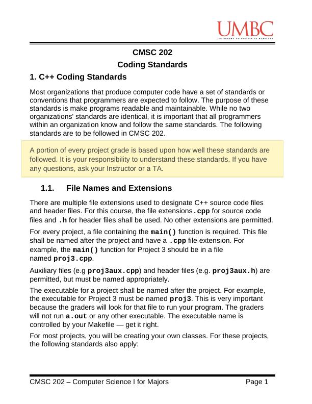 CMSC 202 Coding Standards C++ Assignment_1