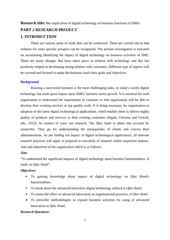 The implication of digital technology on business functions of SMEs PART 2 RESEARCH PROJECT TABLE OF CONTENTS_3