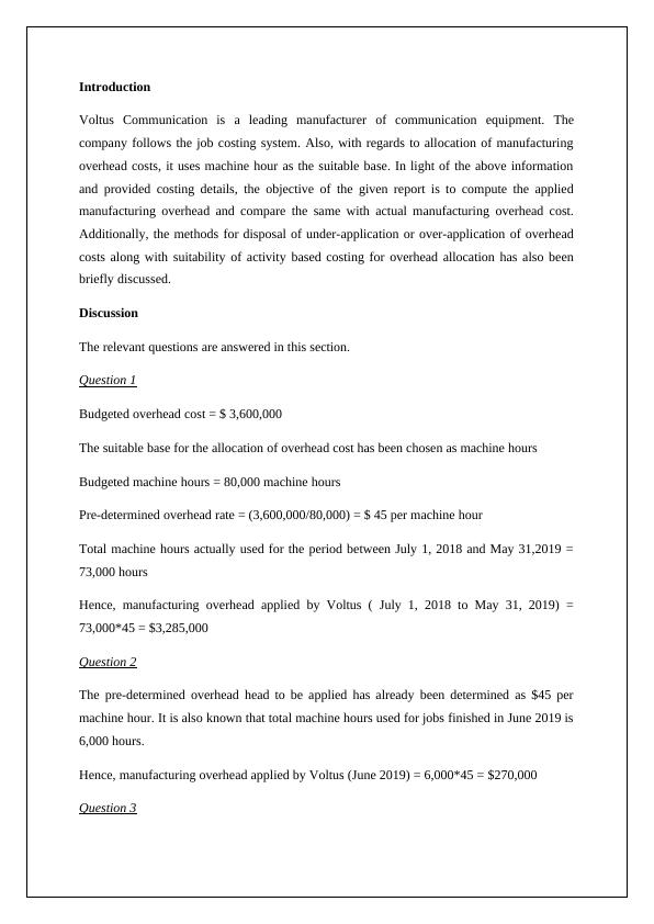 Applied Manufacturing Overhead and Overhead Cost Comparison Desklib