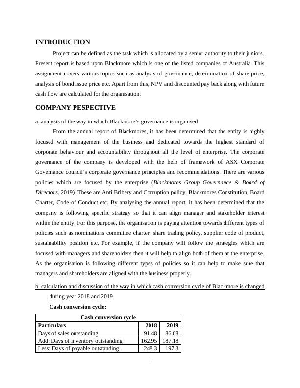 Analysis of Blackmore's Governance, Cash Conversion Cycle, Net Working Capital, Risks, Share Price and Bond Issue Price_3