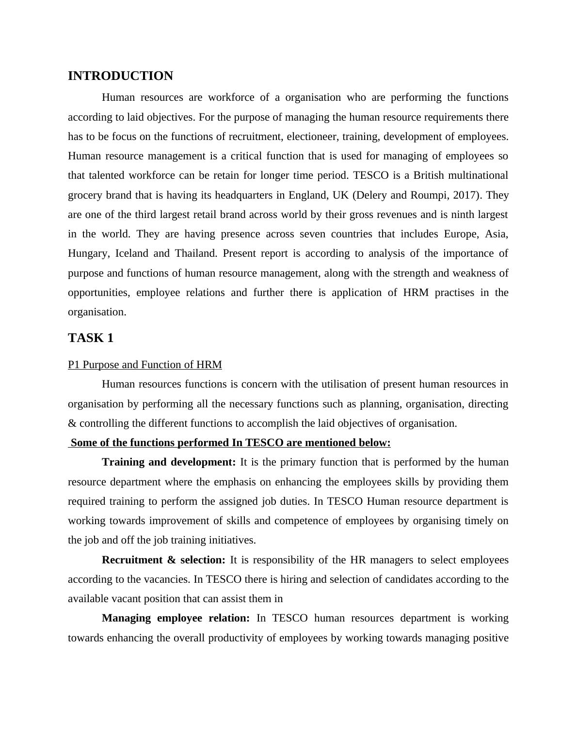 Purpose and Function of HRM in TESCO Desklib