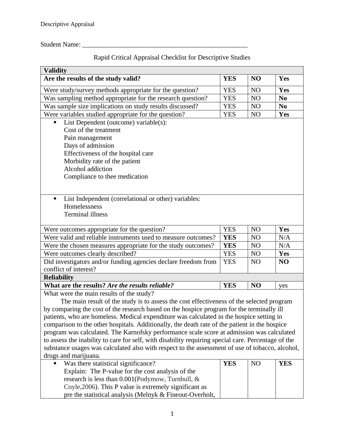 Rapid Critical Appraisal of a Descriptive Study