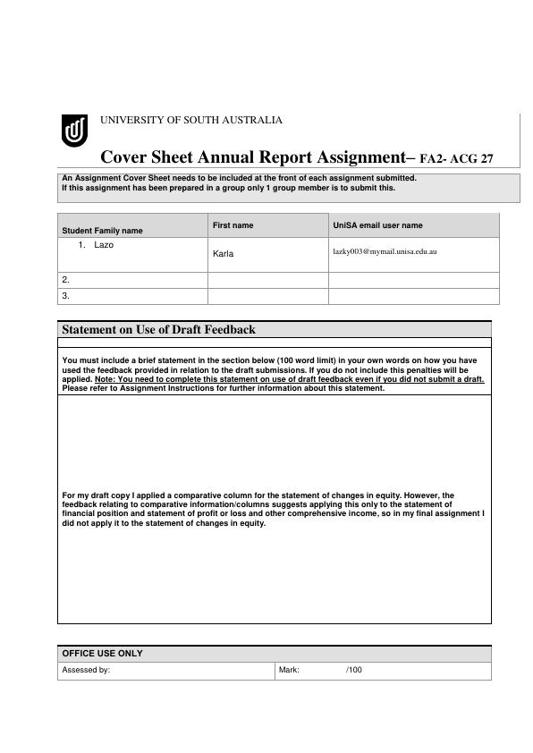 University of South Australia Annual Report Assignment Cover Sheet and Financial Statements_1