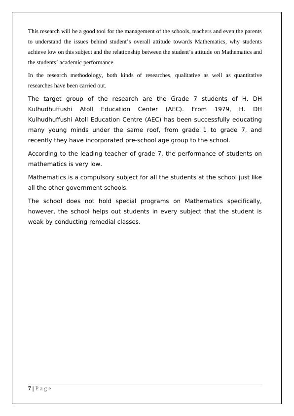 THE IMPACT OF ATTITUDE TOWARDS MATHEMETICS  ON STUDENTS’ ACADEMIC ACHIEVEMENT IN MATHEMATICS AMONG GRADE SEVEN STUDENTS IN H.DH ATOLL EDUCATION CENTRE_7