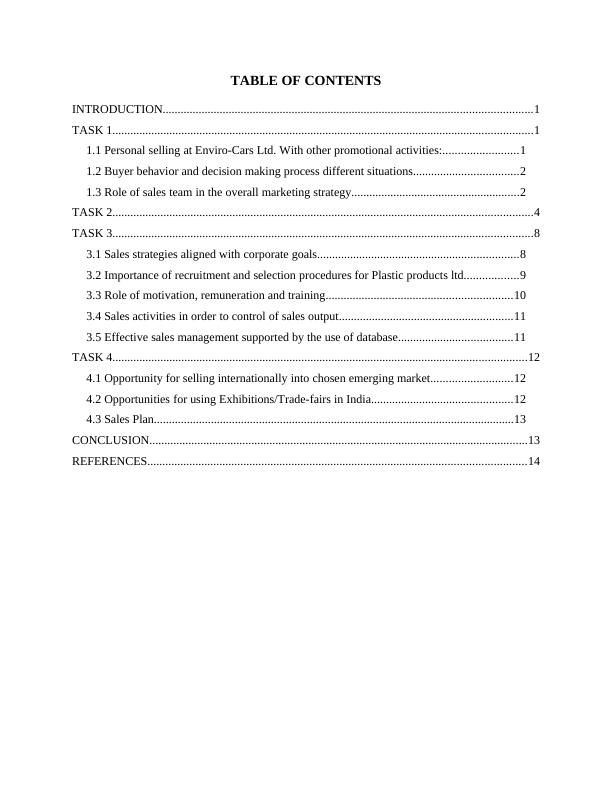 Sales Planning And Operations TABLE OF CONTENTS INTRODUCTION 1 TASK 11 1.1 Personal selling at Enviro-Cars Ltd_2