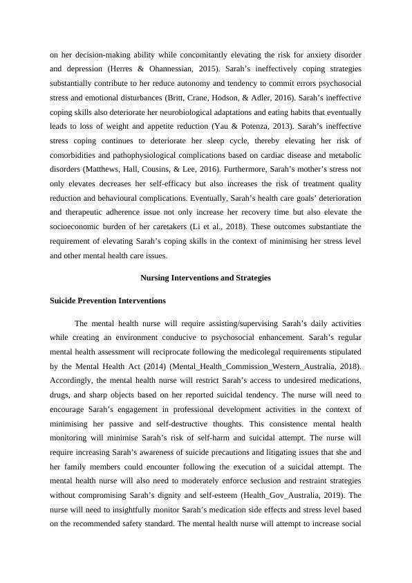 Sarah Case Study (Care Plan) - Mental Health Assessment Findings