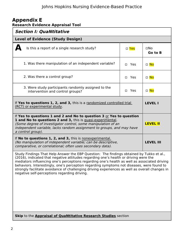Evidence Level and Quality Appendix E Research Evidence Appraisal Tool Page 6 of 10 Johns Hopkins Nursing Evidence-Based Practice Appendix E Research Evidence Appendix E Research Evidence Appraisal To_3