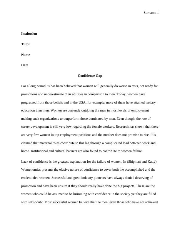 Essay on Confidence Gap in Women in USA_1