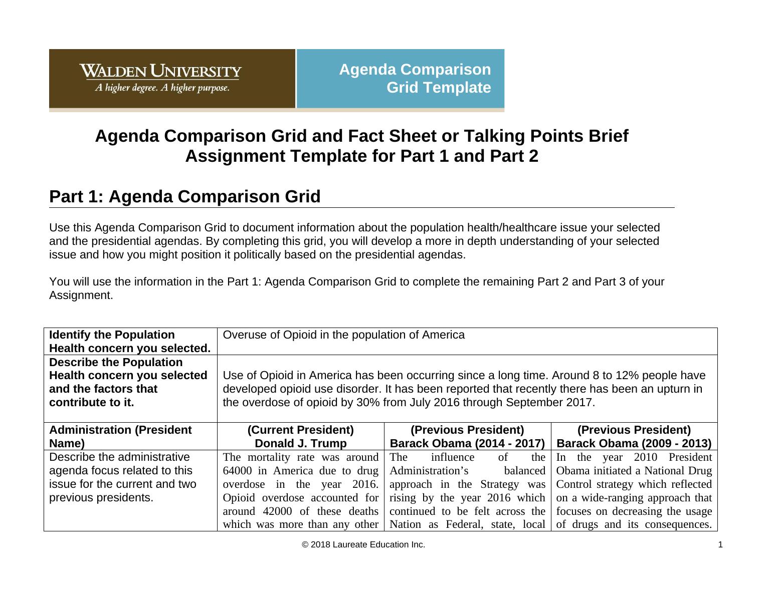 Agenda Comparison Grid and Fact Sheet or Talking Points Brief