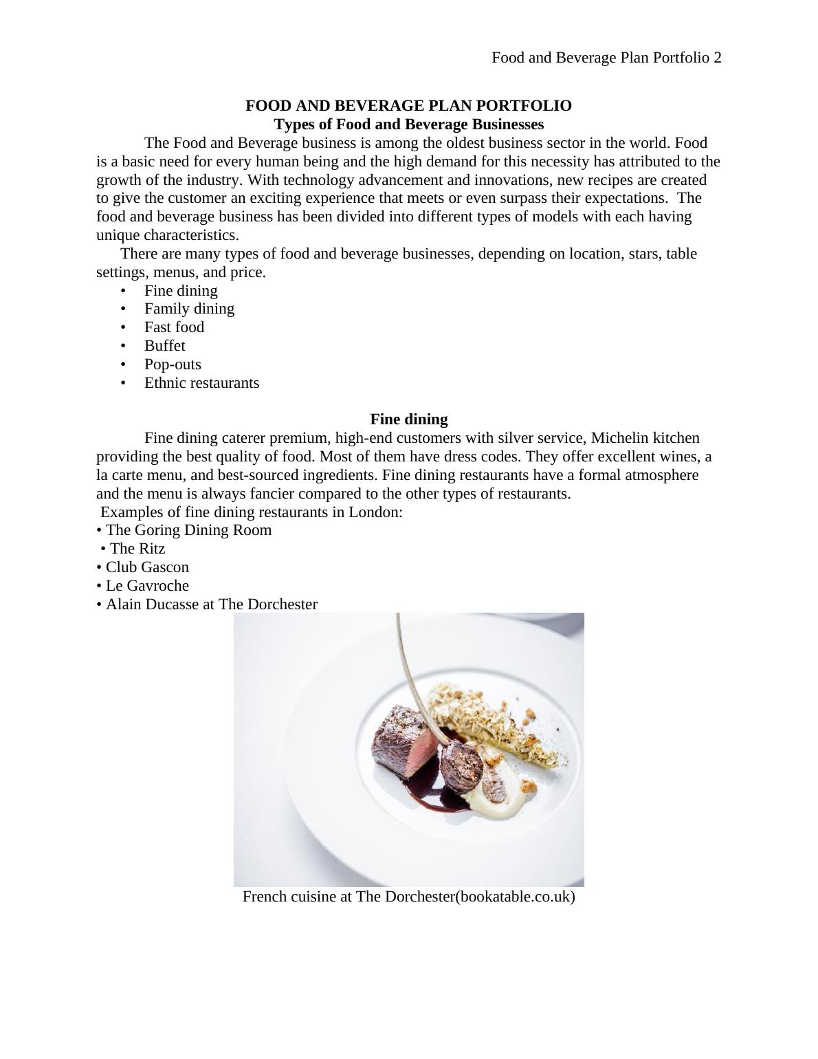 Food and Beverage Plan Portfolio Types of Food and Beverage Businesses