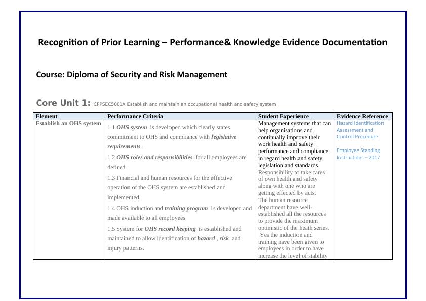 Recognition of Prior Learning – Performance& Knowledge Evidence Documentation_1