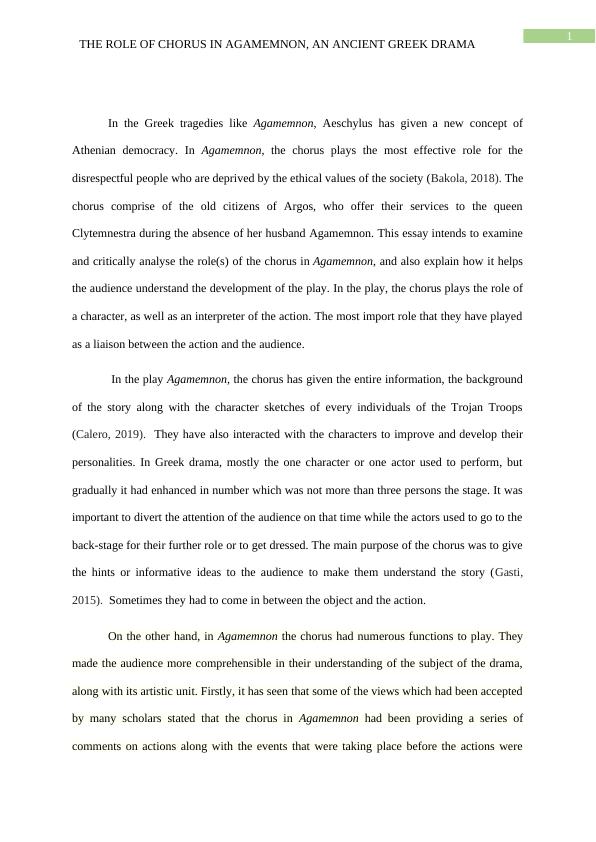 The Role of Chorus in Agamemnon, a Greek Drama