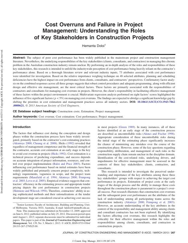 Cost Overruns and Failure in Project Management: Understanding the Roles of Key Stakeholders in Construction Projects_1
