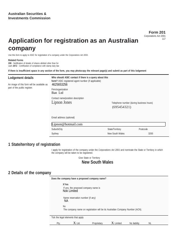 Application for Registration as an Australian Company - ASIC Form 201_1