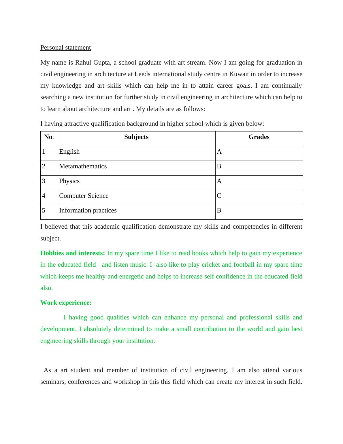 personal statement for architecture engineering