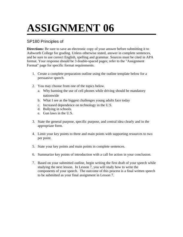 Assignment 06. SP180 Principles of. Directions: Be sure_1