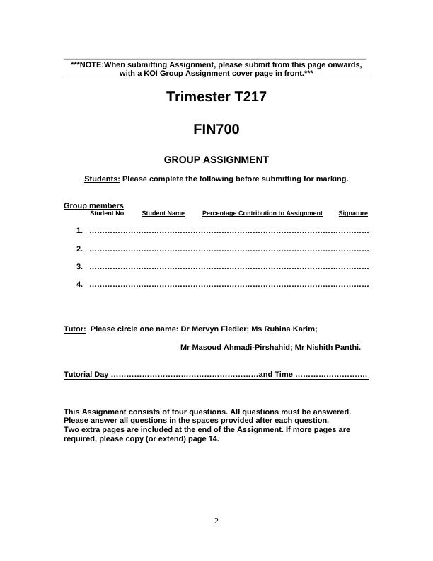 FIN700 – Financial Management | Assignment_2