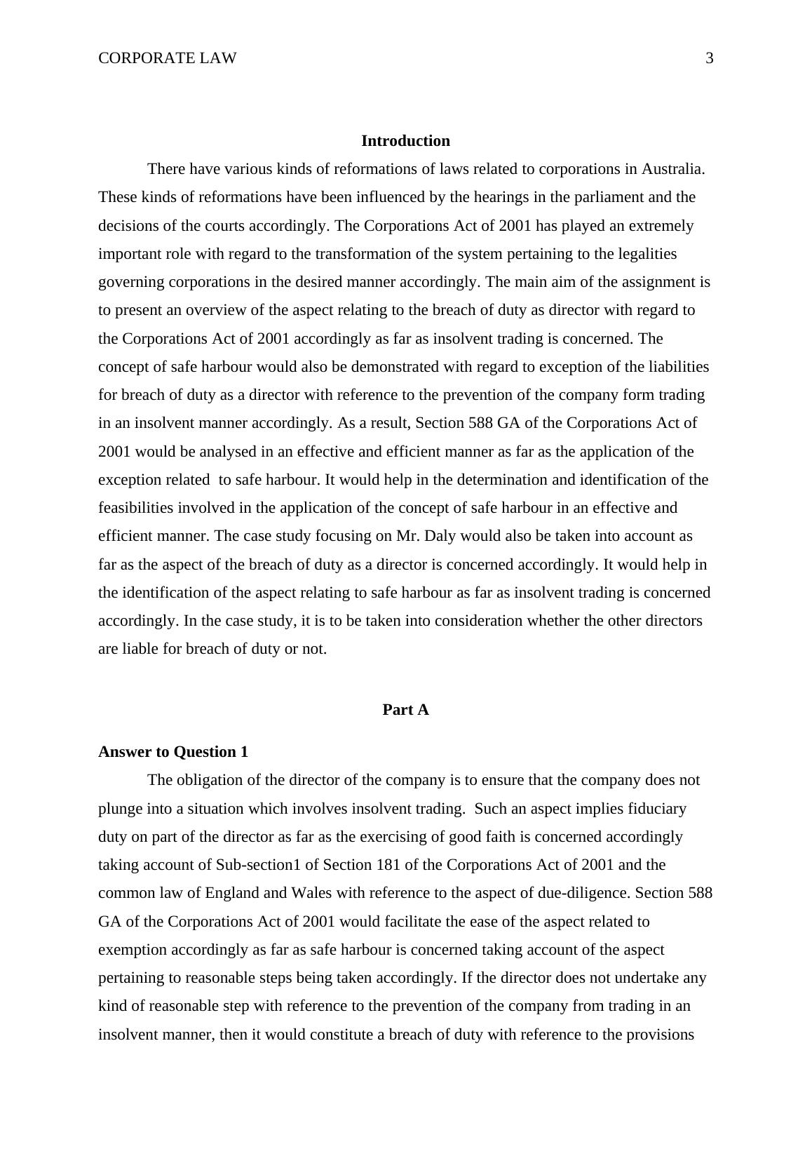 Breach of Duty as Director and Safe Harbour under Corporations Act of 2001