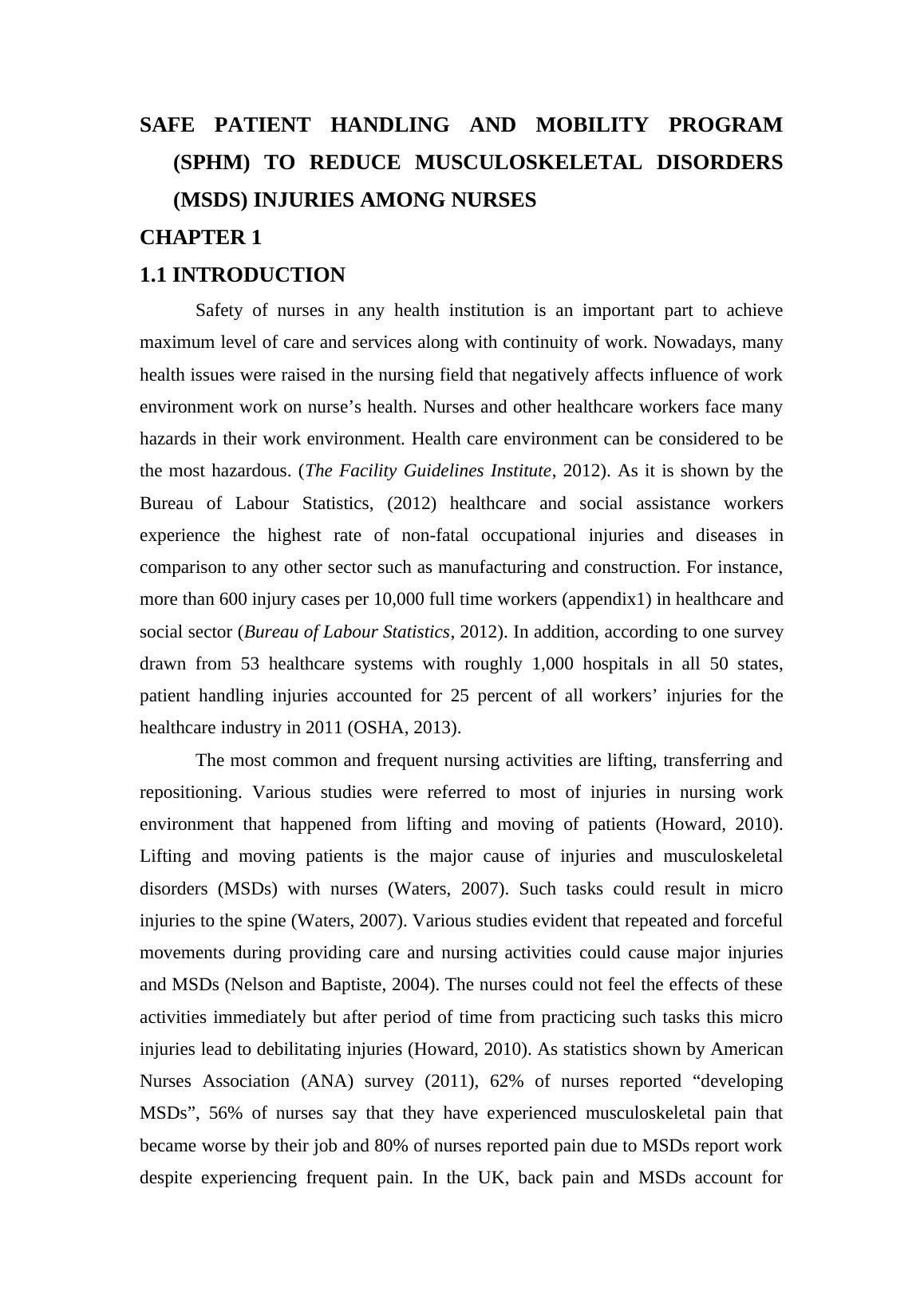 Safe Patient Handling and Mobility Program (SPHM) Report