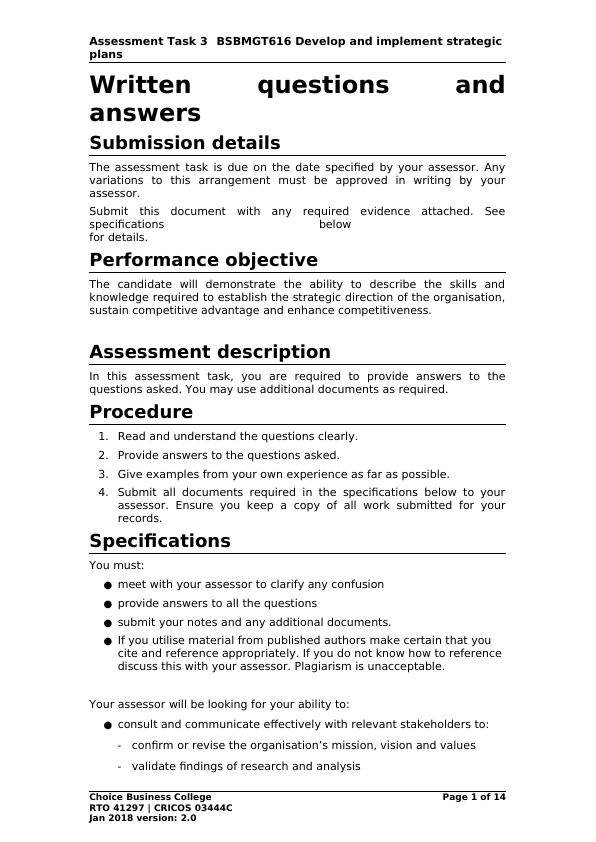 Assessment Task 3 BSBMGT616 Develop and Implement Strategic Plans_1