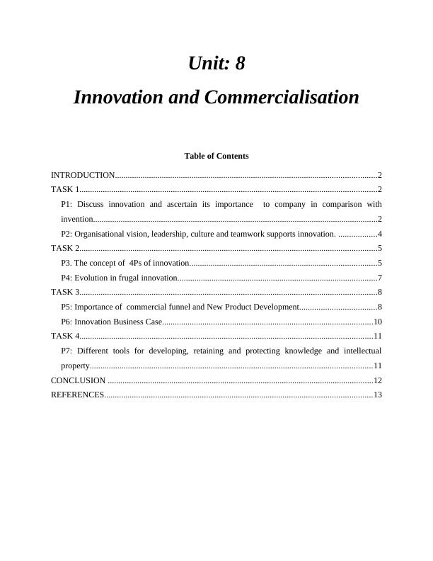 Unit: 8 Innovation and Commercialisation Table of Contents_1
