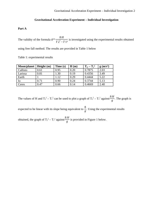 gravitational acceleration experiment report