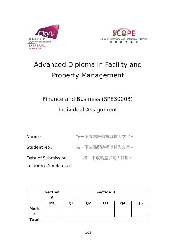 Finance and Business (SPE30003) | Individual Assignment_1
