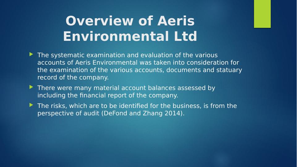 AUDIT PROGRAM FOR AERIS ENVIRONMENTAL LTD. Overview of Aeris_2