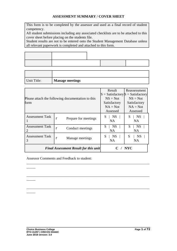 Assessment Summary Cover Sheet