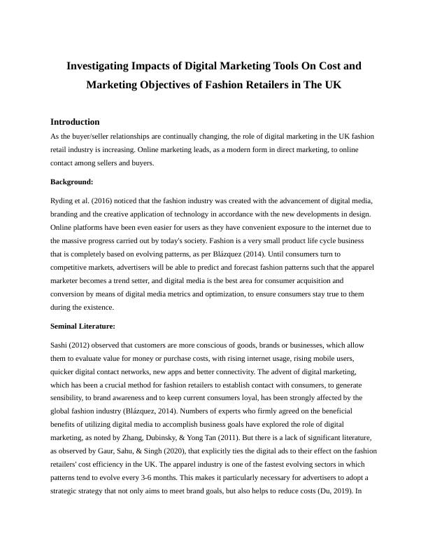 Investigating Impacts of Digital Marketing Tools On Cost and Marketing Objectives of Fashion Retailers in The UK Introduction_1
