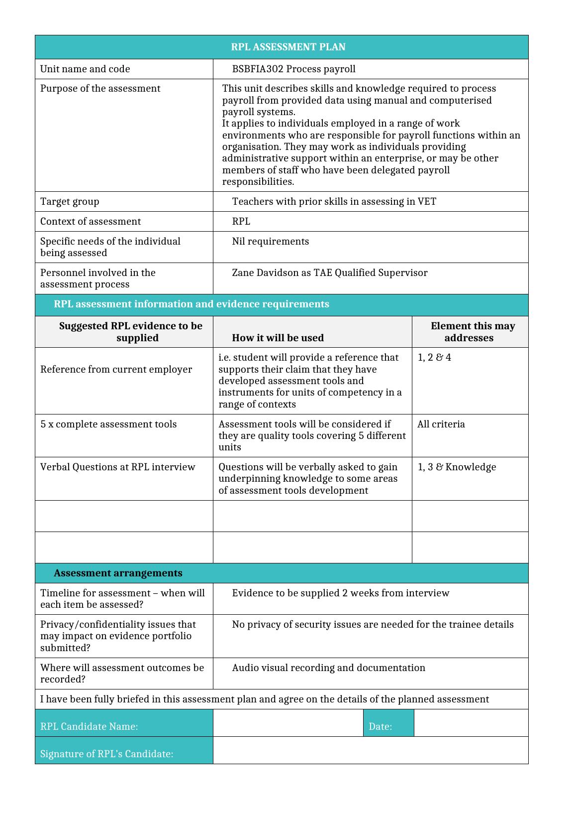 RPL Assessment Plan - BSBFIA302 Process Payroll