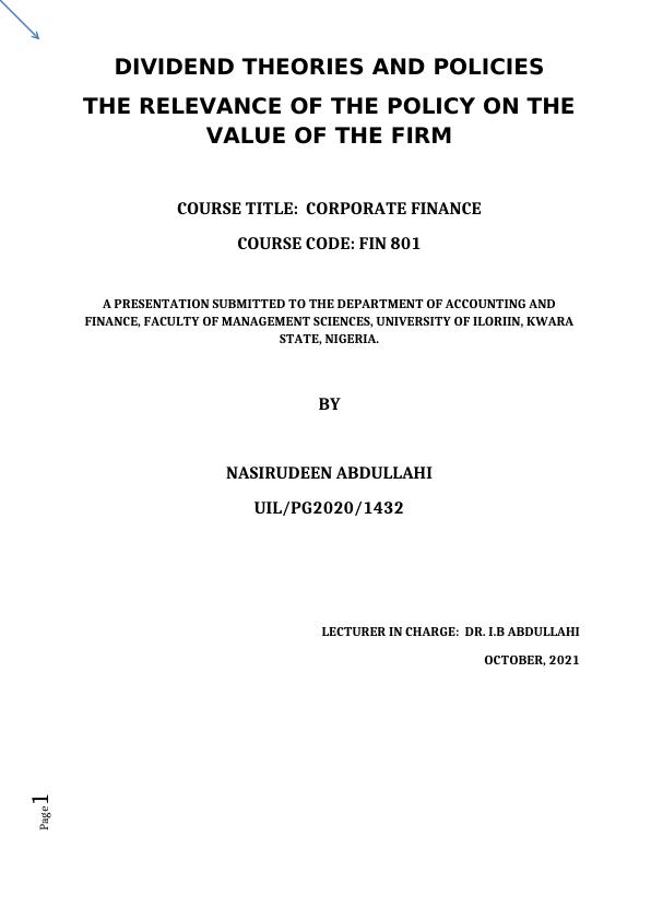 Dividend Theories and Policies: The Relevance of the Policy on the Value of the Firm_1