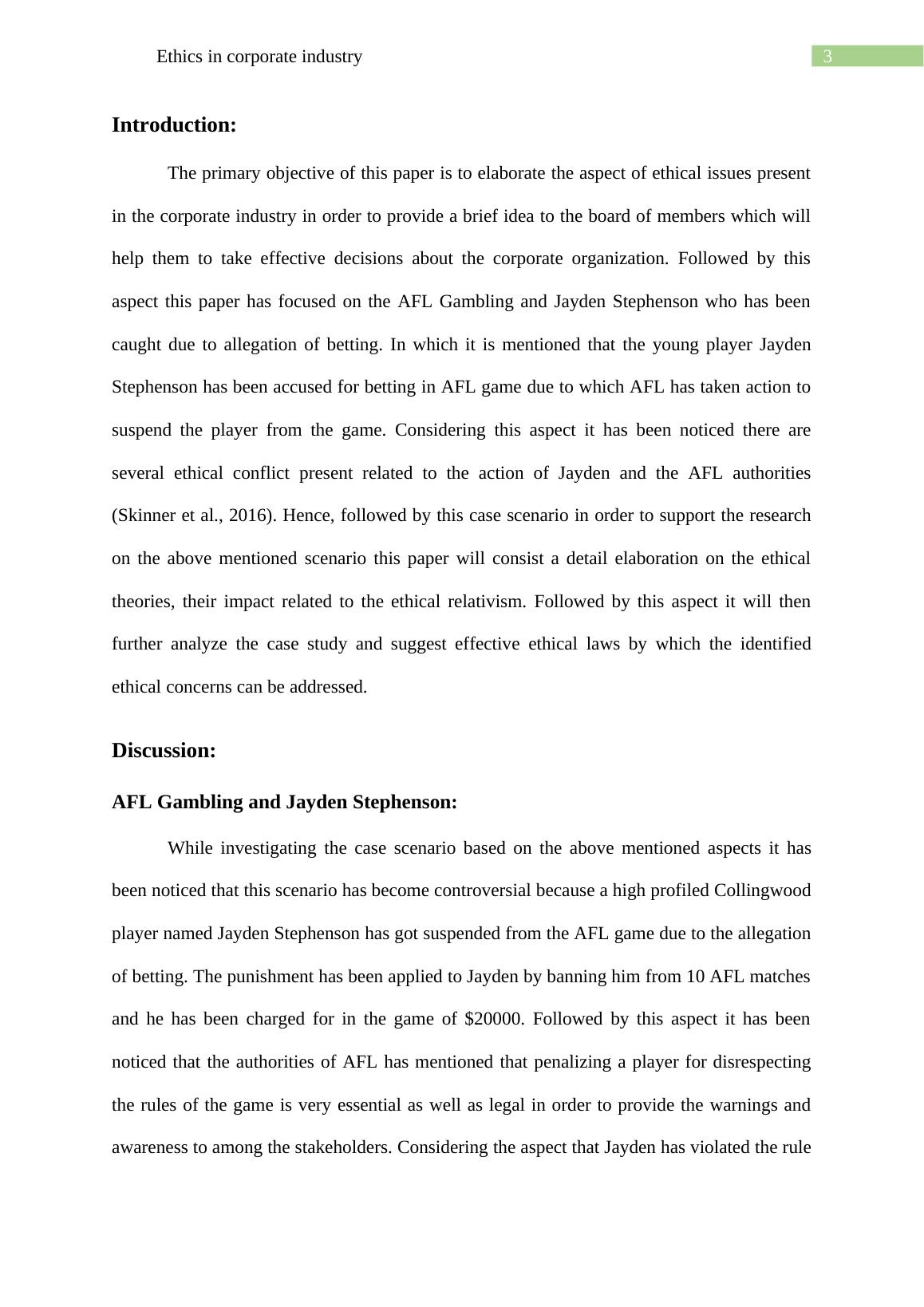 Ethics in Corporate Industry AFL Gambling and Jayden Stephenson Case Study