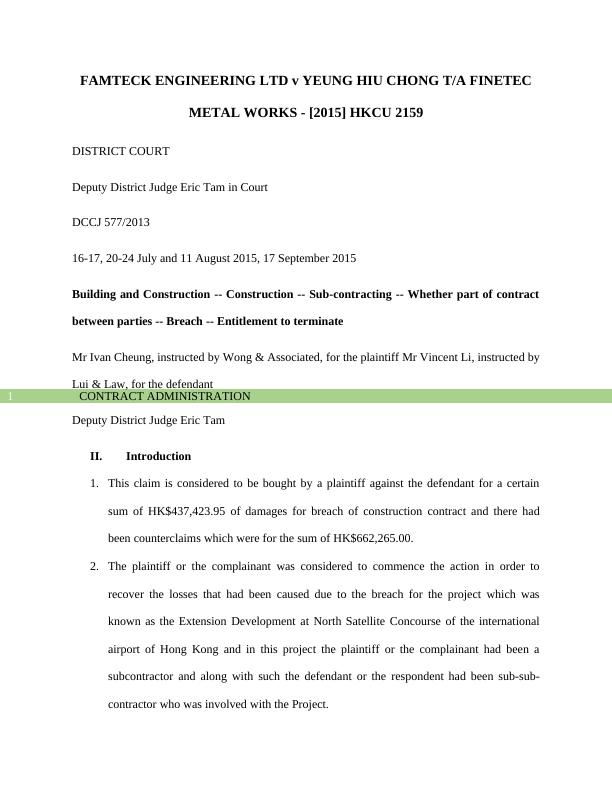 Contract Administration | Famteck Engineering Ltd V Yeung Hiu Chong T/a Finetec Metal Works_2