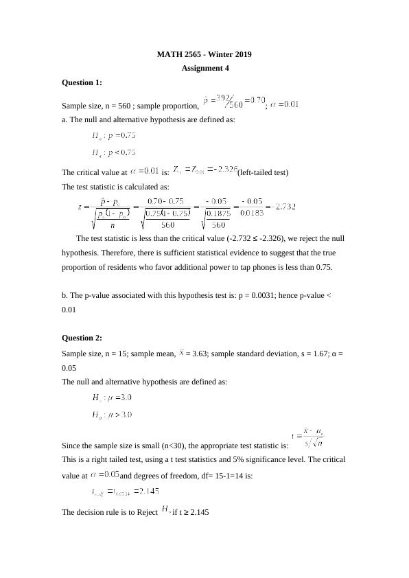 MATH 2565 - Winter 2019 Assignment 4 Question 1: Sample size, n_1