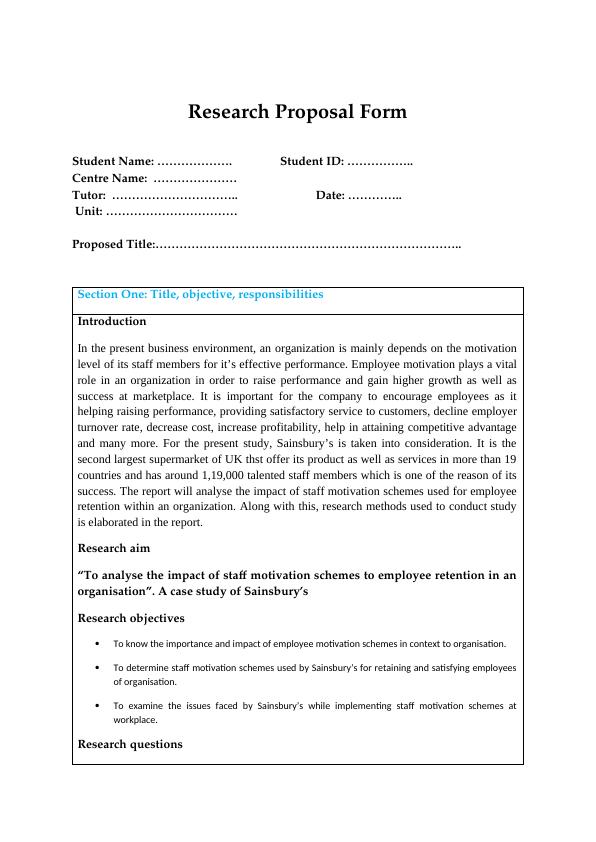 Research Proposal Form: Employee Motivation in an Organization_1