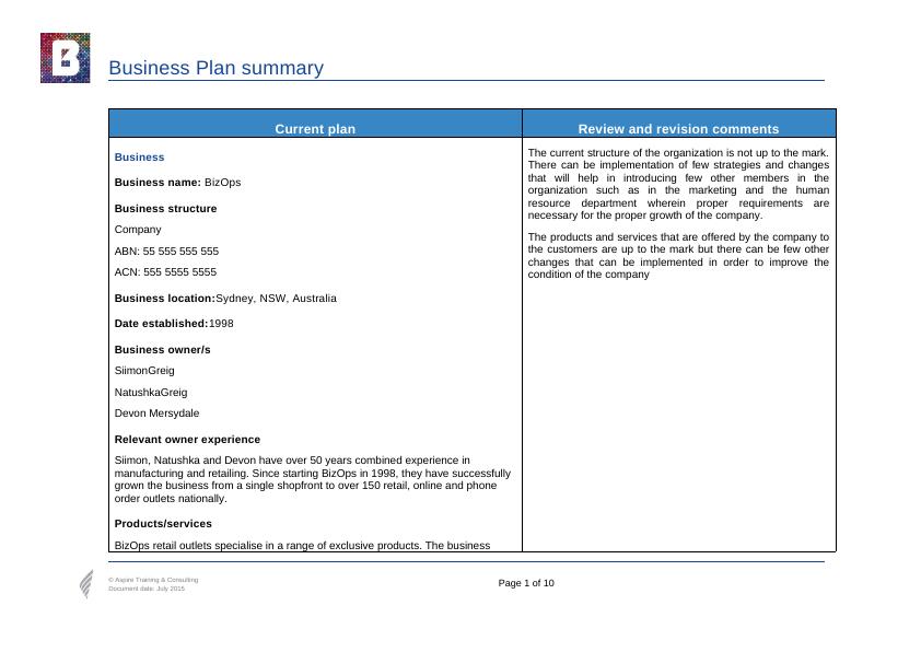 Business Plan Summary Assignment_1