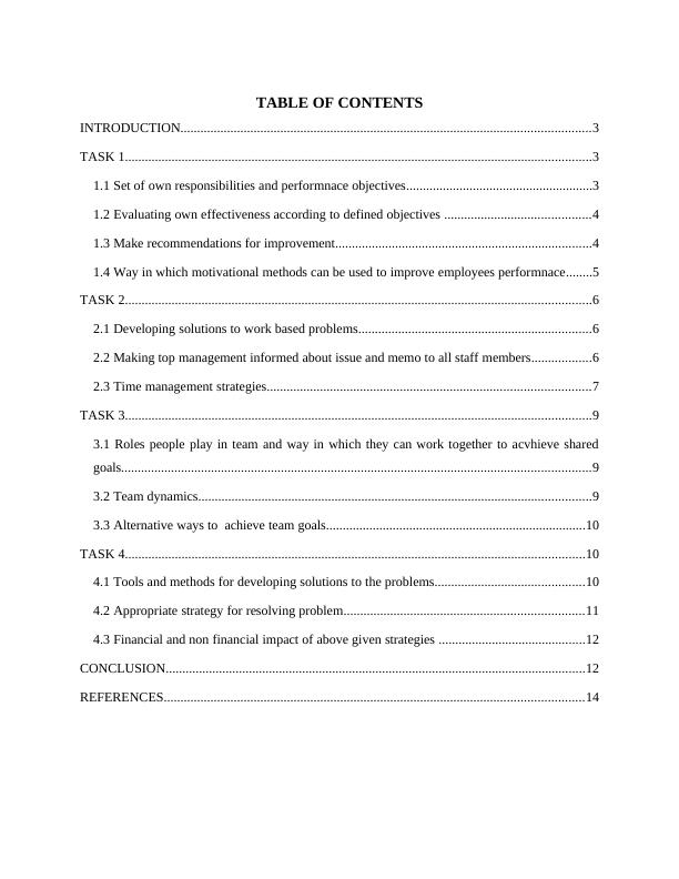 EMPLOYABILITY SKILLS TABLE OF CONTENTS INTRODUCTION 3 TASK 13 1.1 Setting of own responsibilities and performnace objectives 3 1.2 Evaluating employee effectiveness 4 1.3 Motivational methods for impr_2